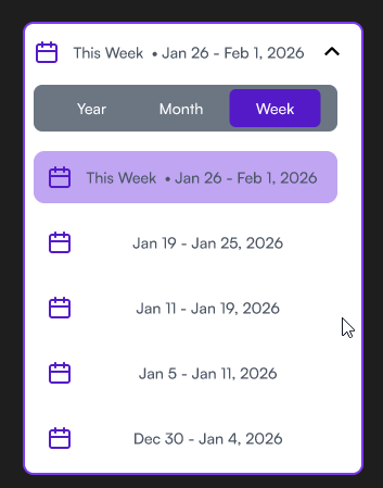 Calendar navigation with Year, Month, and Week toggle