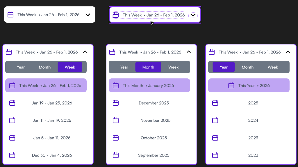 Component states for the calendar navigation iterated in Magic Patterns