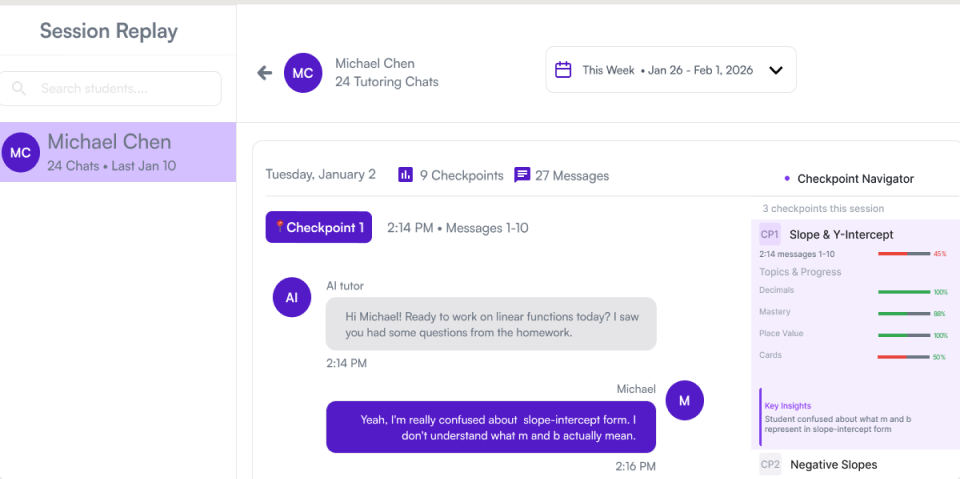 Eduseek.AI session replay dashboard