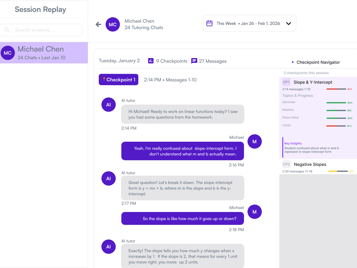 Eduseek.AI session replay dashboard