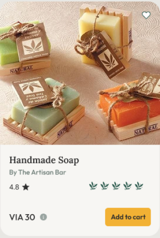 Handmade soap product card showing ratings, sustainability score, and verified badge
