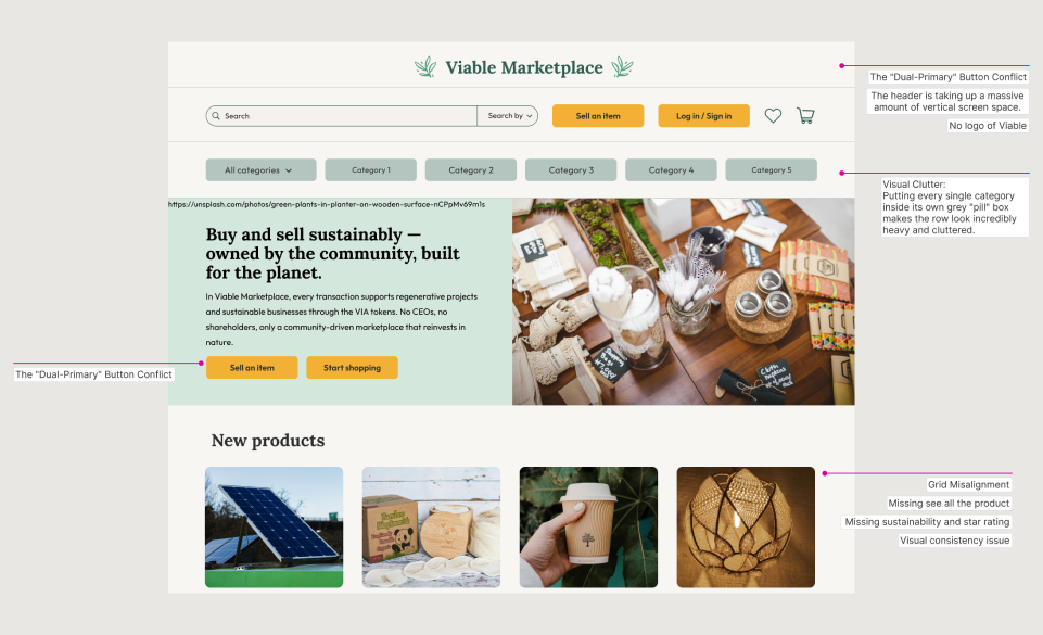 Original storefront header with dual CTAs, no logo, and grey category pills